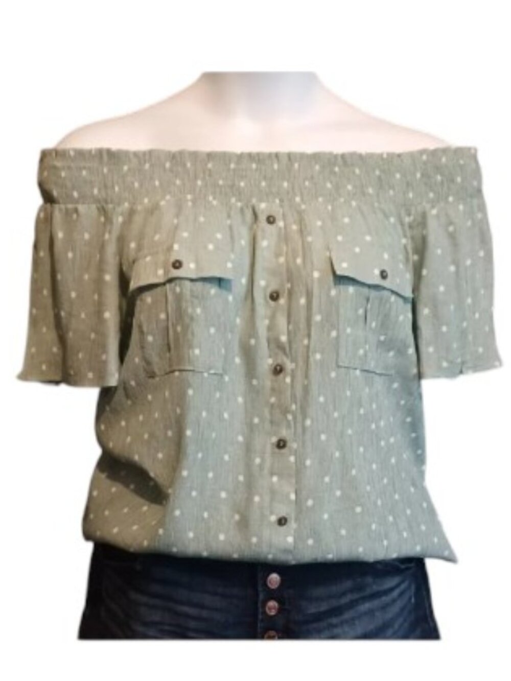 Polka Dot Off-the-Shoulder Buttoned Top